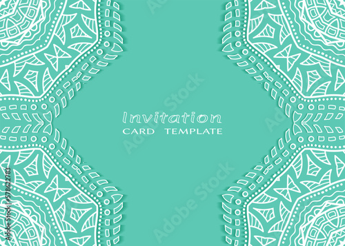 Invitation or Card template with lacе frame border, doodle line pattern, mandala element. Decorative openwork filigree art background for Wedding, Valentine's day greeting card, Birthday Invitation