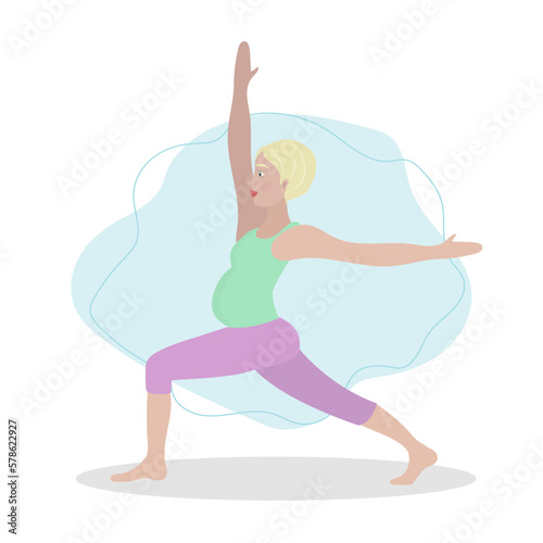 Pregnant woman exercising yoga. Illustration in flat cartoon style, concept illustration for healthy lifestyle, sport, exercising.