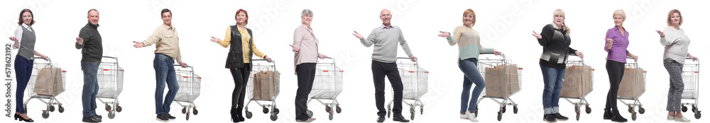 group of people with cart and outstretched hand group of people with cart and outstretched hand