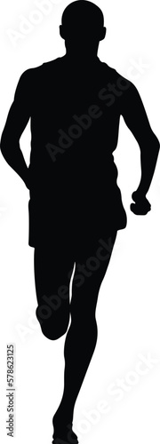 male runner athlete running front view, black outline on white background, sports vector illustration