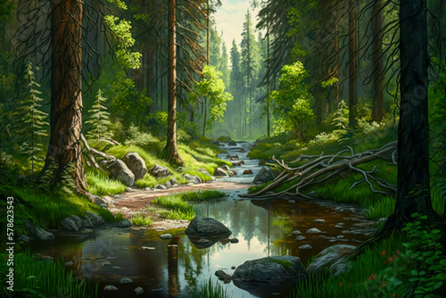 A beautiful sunny day in a European forest with a stream as a digital illustration (Generative AI)