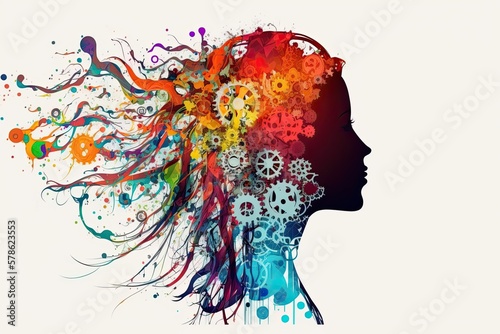 Emotional intelligence is defined as the ability to understand and manage your own emotions. Many color gears in the silhouette of female head. AI generative
