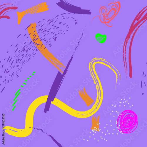 Abstract modern trendy seamless pattern. Contemporary grunge background. Hand drawn various shapes, lines and doodle objects.   Perfect for textile fabric or paper print. Vector artistic  illustration