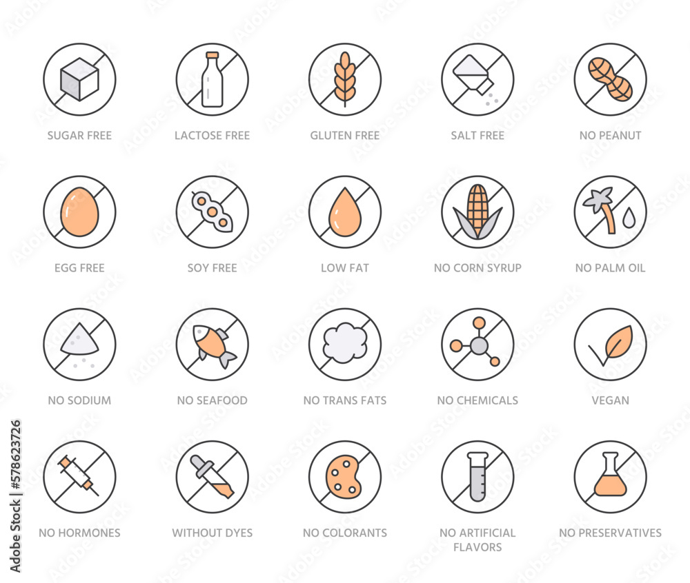 Food allergen line icon set. Gluten free, sugar, lactose, hormone, without peanut, no soy, trans fat minimal vector illustration. Simple outline sign for meal label. Orange color. Editable Stroke Food allergen line icon set. Gluten free, sugar, lactose, hormone, without peanut, no soy, trans fat minimal vector illustration. Simple outline sign for meal label. Orange color. Editable Stroke