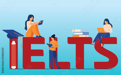 IELTS banner with character, IELTS's text best illustration for IELTS exam online reading and online exam. IELTS's training and some teachers and learners are learning for IELTS exam, Test of English.