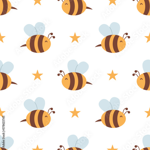 Vector seamless pattern with bees and stars. Striped honey bee and yellow stars on white background. Pattern with bumblebees.