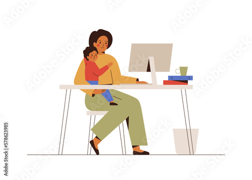 Business woman holds her infant son and work from home via computer. Single mother has remote job. Female freelance worker with child at workplace. Maternity and career concept. Vector illustration