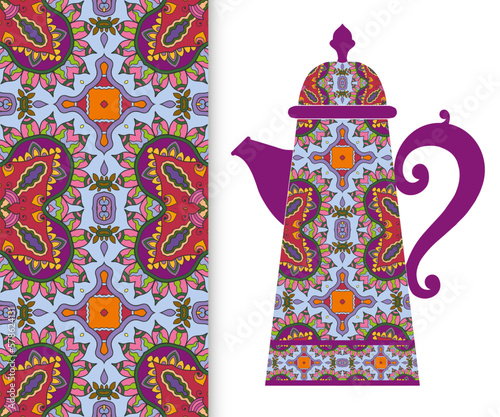 Teapot with decorative ornament and vertical floral geometric seamless pattern, hand drawn repeating texture for Wedding, Bridal, Valentine's day or Birthday Invitations. Fabric or paper print