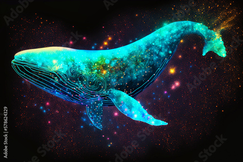 Neon, magic, acid, futuristic, space whale illustration