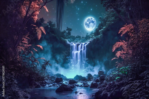 A beautiful enchanted forest with big fairytale trees, waterfall and great vegetation. Background illustration wallpaper. Generative ai.