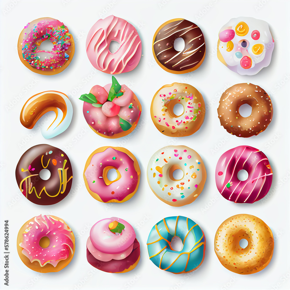 Hand drawn doughnut collection. Colorful sweets isolated on white background. Generative AI Hand drawn doughnut collection. Colorful sweets isolated on white background. Generative AI