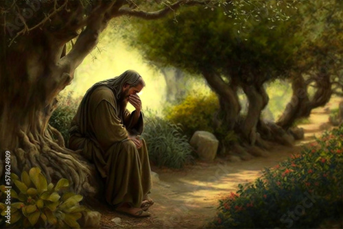 Jesus Christ praying in the garden of olive. AI generativ. photo