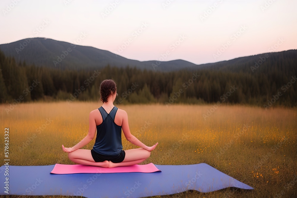 Fototapeta premium Slender, healthy, athletic girl enjoys a beautiful view after a workout, view from the back. Generative AI.