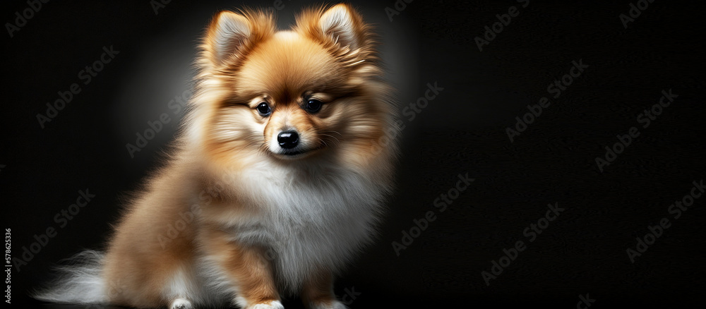Portrait of cute fluffy puppy of pomeranian spitz with dark background and free space for text, generative ai