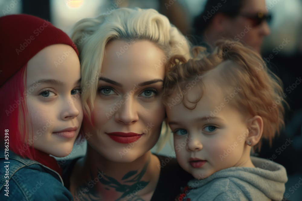 Bonding Time: Heartwarming Photos of a Mother and Her Two Young Children. Generative AI illustration. Bonding Time: Heartwarming Photos of a Mother and Her Two Young Children. Generative AI illustration.