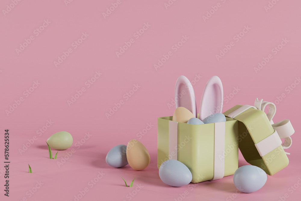 Easter day design. Realistic green gifts boxes. Open gift box full of decorative festive object. Spring Easter background. 3d illustration.