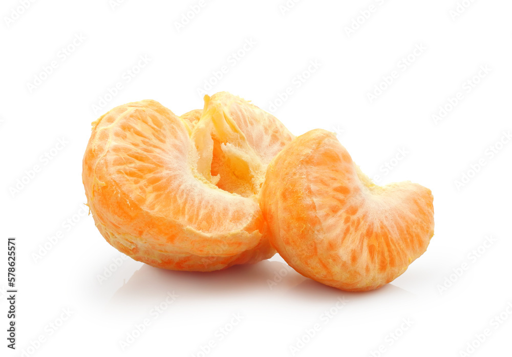 Half and piece of fresh orange tangerine or mandarin close-up isolated on white background Half and piece of fresh orange tangerine or mandarin close-up isolated on white background