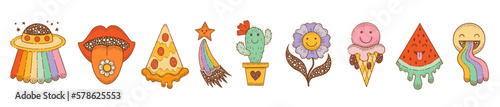 Hippy stickers. Groovy icons with UFO flower pizza cactus smile star. Retro boho 70s clipart. Doodle emoji graphic. Hippie element. Logo, tattoo, music cute psychedelic vector art. Hippy groovy funky