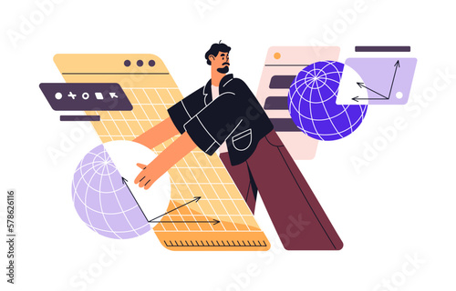 3d designer artist developing, creating model in professional art software. Creative developer, student studying object development online. Flat vector illustration isolated on white background