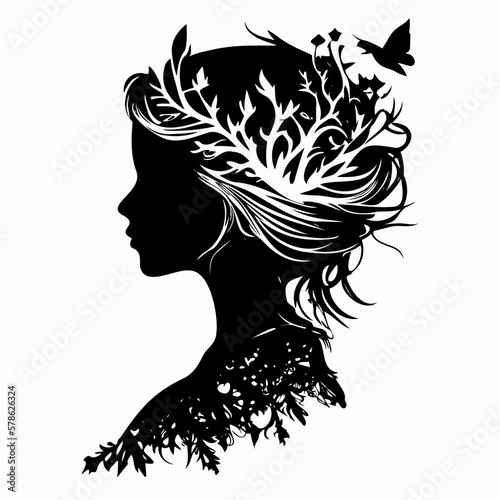 Silhouette of queen face or head side view. Elegant female character with hairdo, royal person black shadow, clipart or sticker. Young woman bride or lady wear tiara or crown black vintage portrait