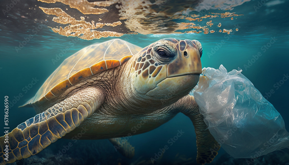 Fototapeta premium Plastic pollution In ocean, turtle eat plastic bag, environmental problem. Generative AI