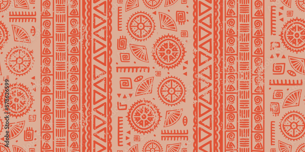 Ethnic motifs pattern, Tribal hand drawn abstract drawing. Vector illustration african navajo ornaments. Geometric red color design. Afro mexican style. Good for fashion textile print. - obrazy, fototapety, plakaty 