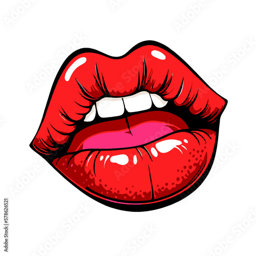 Sexy red mouth, woman lip with lipstick, open girl sensual hot lips. Female pop art big plump glossy and shiny lips with teeth and tongue in cartoon vintage retro style isolated on white background