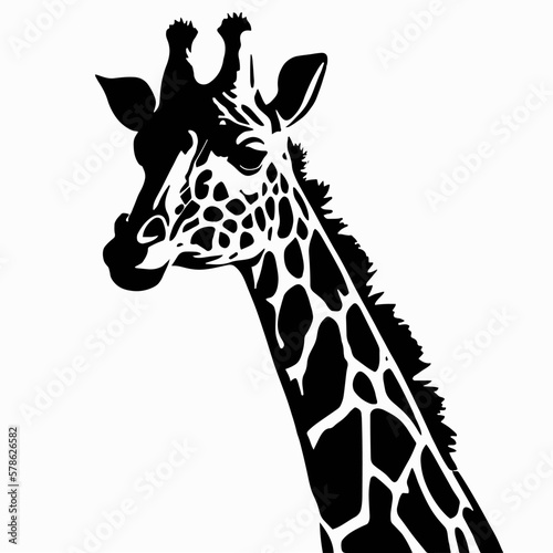 Black silhouette of giraffe head and neck on white background. Vector african animal, isolated icon with giraffe animal face in simple style, decal, sticker. Concept for savannah safari, tattoo, zoo © Ekaterina