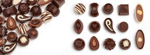 Chocolate candy isolated on white background with full depth of field. Top view with copy space for your text. Flat lay