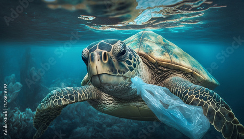 Plastic pollution In ocean, turtle eat plastic bag, environmental problem. Generative AI © Fonzy