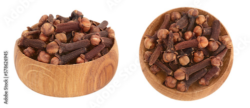Dry spice cloves in wooden bowl isolated on white background with full depth of field.