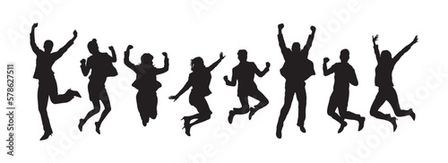 Business team jumping together silhouette vector.