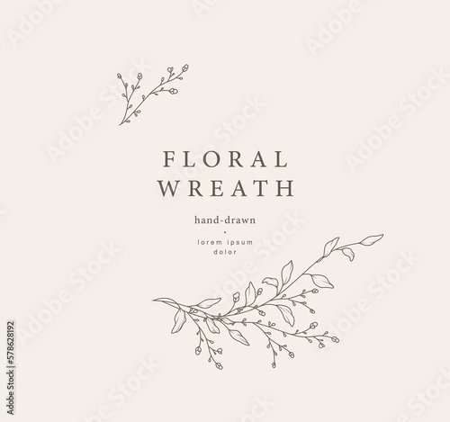 Hand drawn line floral frame. Elegant vintage wreath. Logo template. Vector illustration botanical decoration elements for label, branding business identity, wedding invitation, greeting card