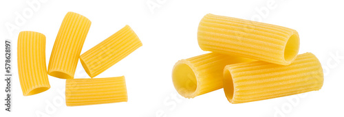 raw italian Rigatoni pasta isolated on white background with full depth of field. Top view. Flat lay