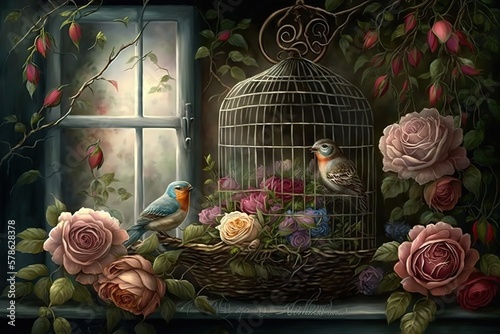 bunch of beautiful roses in wicker basket and vintage bird cages standing in window, AI generated © Priya