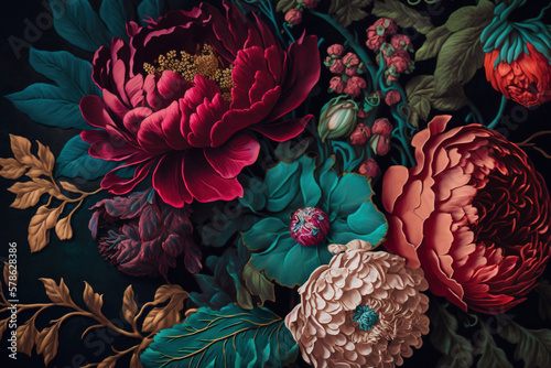 Flowers on a dark background. Botanical luxury floral wallpaper. AI