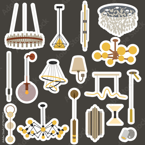Big sticker collection with chandeliers and lamps in flat  style isolated on white background. Chandeliers, illuminator, flashlight - elements of a modern interior concept. Vector