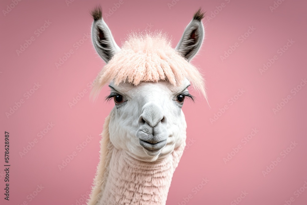 Obraz premium Llama alpaca on a pink background, funny. Generative AI