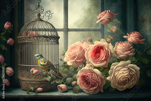 bunch of beautiful roses in wicker basket and vintage bird cages standing in window, AI generated © Priya