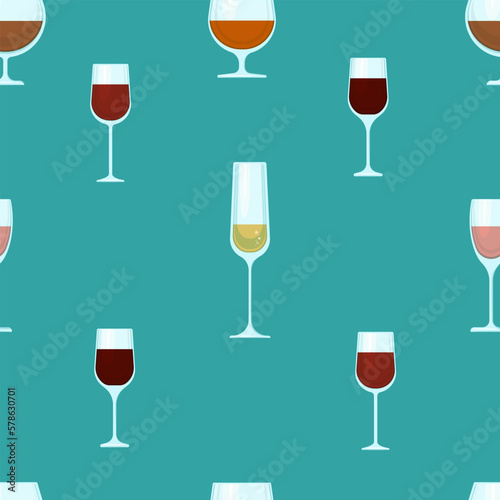 Glasses of various shapes with alcohol seamless pattern. Vector print of glass transparent glasses on a colored background.