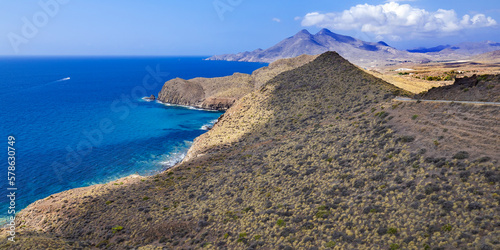 Rocky Coastline and Cliffs, Amatista Viewpoint, Cabo de Gata-Níjar Natural Park, UNESCO Biosphere Reserve, Hot Desert Climate Region, Almería, Andalucía, Spain, Europe