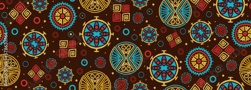 Flower abstract circle pattern, doodle ethnic tribal elements drawing. Repeat background handmade design, vector illustration for fashion textile print and wrapping. Circular objects.