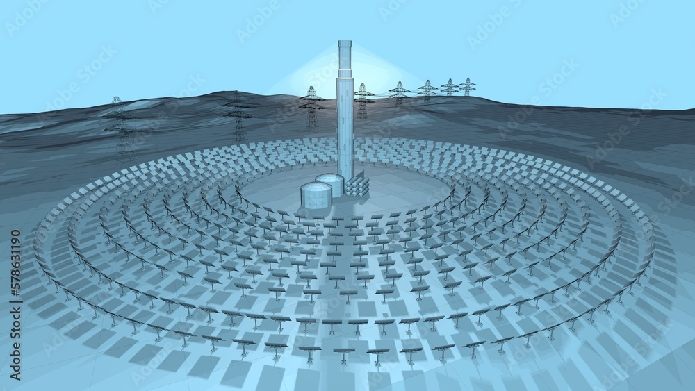 schematic illustration of a Concentrated solar power plant, harnessing