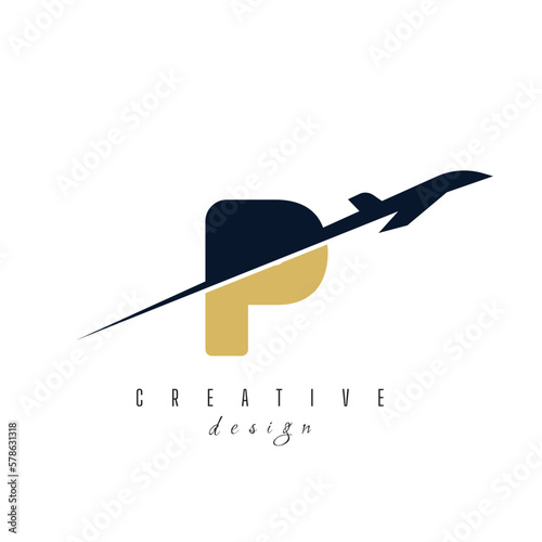 letter P with plane logo vector template. logo for travel label, tourism, journey posters, airways identity, and tech transportation