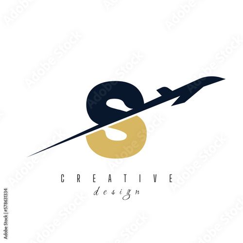 letter S with plane logo vector template. logo for travel label, tourism, journey posters, airways identity, and tech transportation