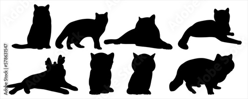 silhouettes of black british shorthair cat set in various poses on a plain background