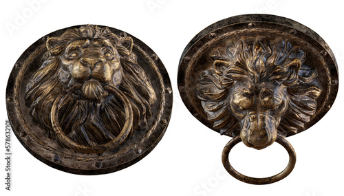 Collection of two Lion head door knocker png isolated 3d rendering on transparent background 