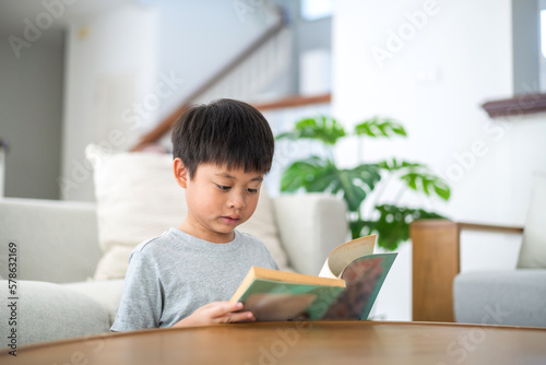 Kid little asian boy son having fun study and learn reading storybook with book making homework in homeschool at home.Education