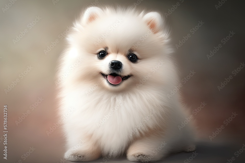 Illustration of a cuddly Pomeranian spitz puppy. An adorable white puppy smiling for the camera. Room to write. Generative AI