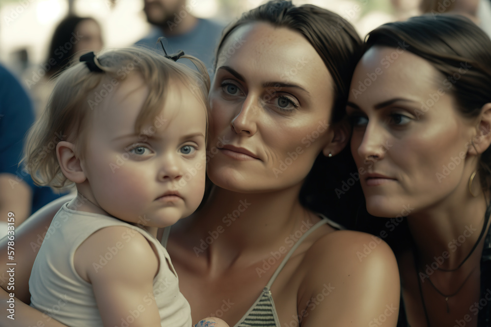 Love Knows No Bounds. A Lesbian Couple and their Child. Generative AI illustration. Love Knows No Bounds. A Lesbian Couple and their Child. Generative AI illustration.